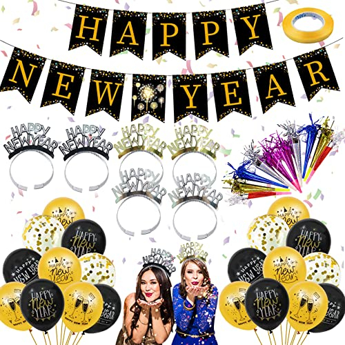 Silvester Deko, 37 Stücke Silvester Dekoration 2025, Happy New Year Banner, Silvester Luftballon, Party Krachmacher, Silvester Haarreifen, Silvesterdeko für Silvester Neujahrsfeier Party