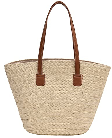 GSenhui Stroh Handtasche Damen, Sommer Strandtasche Stroh Groß, Korbtaschen Damen Strohtasche mit Leder Schultergurt, Strohtaschen Böhmische Handgewebt,Geflochten Basttasche für Reisen Strand