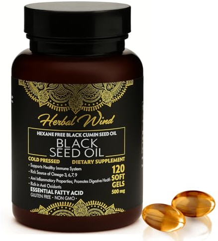 Herbal Wind Black Seed Oil Capsules – Cold-Pressed Nigella Sativa Softgels, 500mg, 120 Count | Black Cumin Seed Oil, Non-GMO