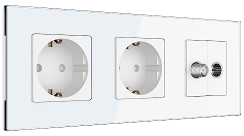 PULSAR Sat Kabel Dose mit 2x Steckdose Unterputz 3-Fach Glas Weiß für Kabelfernsehen Satelliten TV-Anschluss, Antennendose Anschlussdose mit Glasrahmen