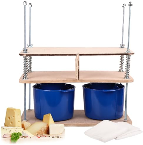 Käsepresse aus Holz für Käseherstellung, 40,6 cm, Sperrholz, 1,27 cm dick, Käseherstellungs-Set mit Holzkäsepresse und 2 Käseformen, 0,6 l, Seihtuch, Federn und Messskala im Lieferumfang enthalten