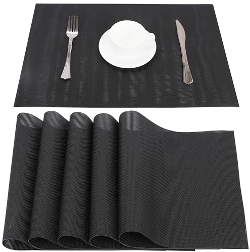 Belle Vous Manteles Individuales Negros - 6X Salvamanteles Individuales Mesa 30 x 45 cm - 6X Bajoplatos de PVC Antideslizantes Lavables Resistentes al Calor e Impermeables - Negro