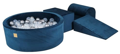 MEOWBABY Softes Schaumstoff-Kletter-Spieltset mit Bällebad 90x30 cm für Babys und Kleinkinder - Baby-Laufstall & Spielzimmer Essential, Kord, Marineblau: Transparent/Silber