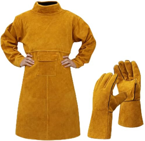 Breathffy Leather Welding Apron Gloves Heat/fire Resistant Forge Welding Leather Jacket Apron Coat for Men Women(Yellow,X-L)