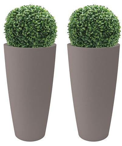 Nicoli Vaso Alto Style 36x70 cm con Bosso Artificiale – Vaso Decorativo da Interno ed Esterno in Plastica Resistente – Vaso per Piante con Sottovaso Estraibile – Colore Grigio