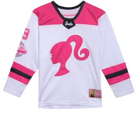 Barbie Little Girls Mesh Hockey Jersey Long Sleeve T-Shirt Pink/White 7-8