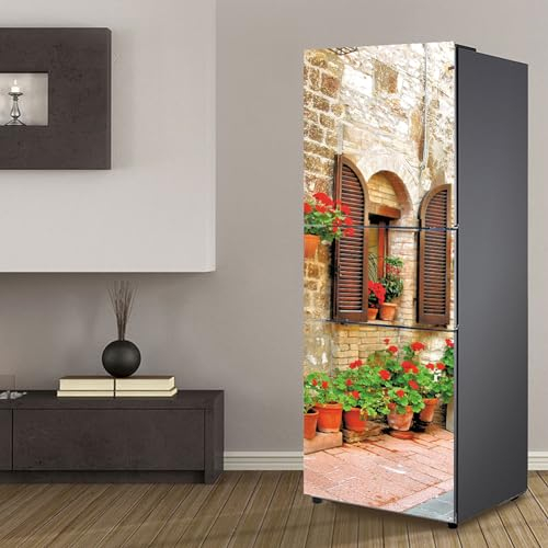 Fridge Wraps Kitchen Fridge Stickers Cover Full Doors, Fridge Sticker Full Covering Door Fridge Covers Skins Wall Stickers for Kitchen Decal, Retro French Flower Alley Street View