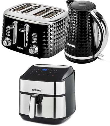GEEPAS 7.5L Air Fryer, 4 Slice Toaster & 1.7L Kettle Kitchen Appliances Set 2200W Jug Kettle, Wide Slot Toaster Variable Browning Control Textured Design, 10-1 Vortex Air Fryer with LED Display, Black