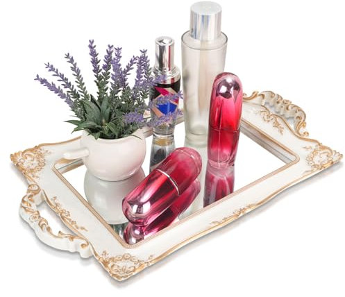 Mirror Tray - Decorative Vintage Organizer for Perfume, Jewelry, Makeup - Square Embossed Service Tray - 9.25 W x 14.7 L