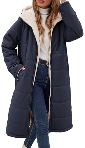 Tuopuda Giacca Invernale Donna Lungo in Pile, Teddyfleece Jacket Zip Termico Giubbotti con Cerniera e Tasche Softshell Piumino Collo Alto Antivento Streetwear Primavera Autunno, Marina, S