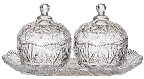 HOME DECO FACTORY - KA0271 Dúo de Bomboneras de Vidrio en Bandeja - Diseño Elegante para Dulces o Decoraciones - Capacidad 145 Cl - Color Transparente