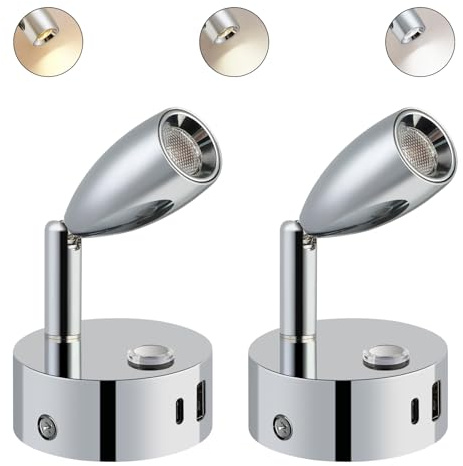 ERWEY 2 st LED 12V läslampa husbil touchdimbar 3000K-6000K justerbar ljusstyrka, sänglampa med USB A+C laddningsport interiörbelysning för båt bil husbil, silver