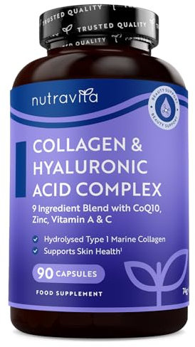 Collagen et Acide Hyaluronique enrichi en Magnesium, Vitamine C, D B12, Coenzyme q10 et Zinc - Complement Alimentaire pour la Formation de Collagène pour le Soutient de la Peau - Nutravita
