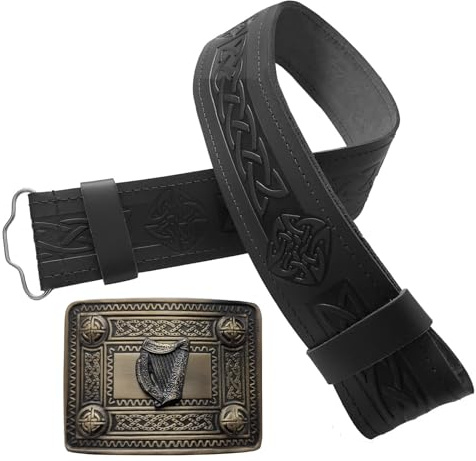 STITCHIFY Ceinture de kilt traditionnelle écossaise en cuir et boucle en chardon, Ensemble boucle celtique en relief noir pour harpe, XL