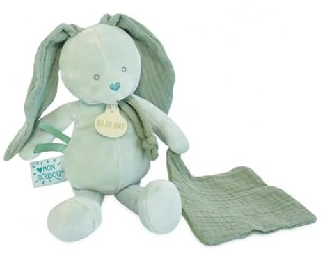 BABY NAT' - Pantin Lapin avec Doudou Vert Sauge 26 cm - Peluche Bébé Dès la Naissance en Coton Doux et Tissu Lange - Compagnon Nuit et Jouet Éveil - Cadeau Naissance Mixte Lavable à 30° - BN6118