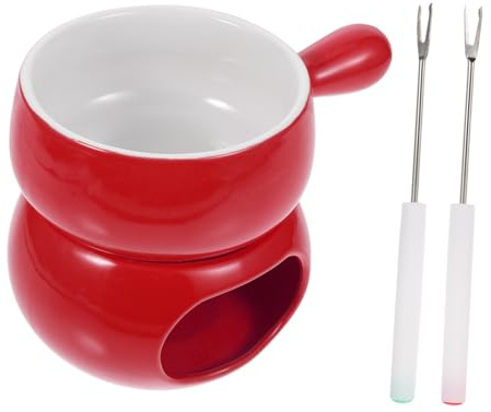STOBAZA Set De Fondue De Queso y Chocolate De Cerámica Soporte Rojo, Olla Mango Ergonómico, Crisol Resistente hasta 260°c, para Uso Horno y Microondas, Herramientas De Cocina para Postres