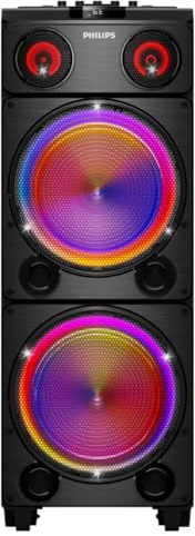 Philips Bluetooth Party Speaker, 260W Powerful Sound with Dynamic Bass Boost, 10 RGB Light Modes, Karaoke Mic & Guitar Inputs, FM Radio, USB/TF/AUX Playback, Portable Handle