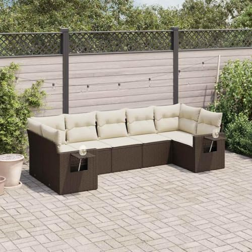 Ensemble de 7 meubles de jardin en polyrotin marron avec coussins blanc crème - Groupe de sièges d'extérieur modulaire pour patio, terrasse, balcon