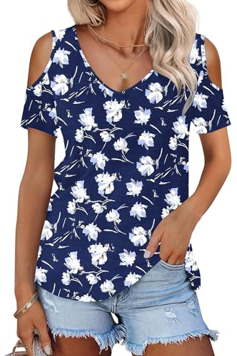 WNEEDU Camisetas Manga Corta Mujer Verano Blusas Cuello V Elegante T-Shirt | Cold shoulder top, basicas, casual