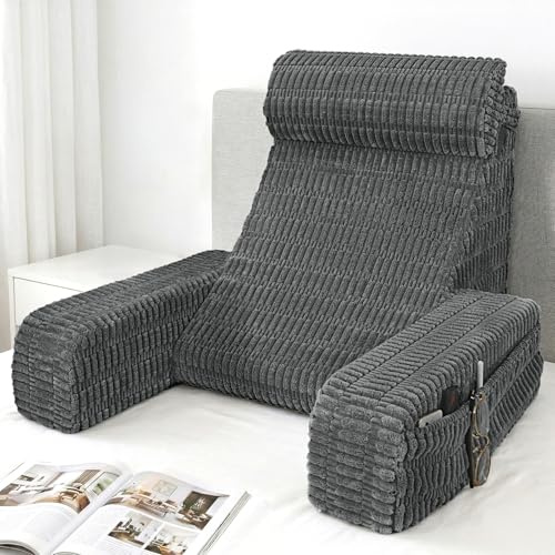 Selectico 21 Reading Pillow for Bed with Built-in Arms & Large Pockets, Supportive Backrest Cushion for Reading, Resting, or Reclining, Washable Cover – Grey