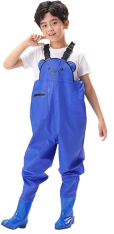 Vadderingsbyxor för småbarn vattentät fiske jakt med stövlar utomhus sparkbyxor jumpsuit för pojkar 3 16 år, blå, 4-5 år