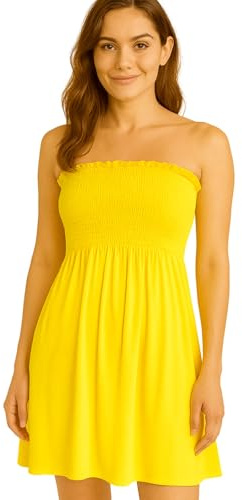 STAR FASHION Women’s Strapless Sheering Ruched Bandeau Dress Plain Boob Tube Sleeveless Midi Dress Summer Holiday Beach Flared Dress Soft Stretch Yellow 16-18