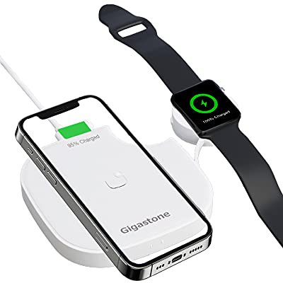 Gigastone Cargador Inalámbrico Rápido 2 en 1, Estación de Carga Qi Inalámbrica, Soportes de Carga para iPhone, Apple Watch, Airpods, Compatible con Samsung Galaxy/Note, iWatch, Google Pixel, LG