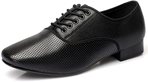 MissFox Tanzschuhe Herren Leder Latein Tanz Schuhe Schwarz Tango Schuhe mit Ledersohle für den Innenbereich 38-45