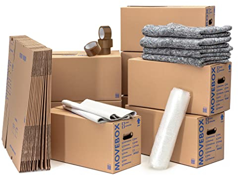 KK Verpackungen® Umzugspaket 2-3 Zimmer Wohnung | Umzugsset 50 Umzugskartons 2-wellig + 2kg Packseide + 2x 0,5x5m Luftpolsterfolie + 1x 50x66lfm Klebeband Braun + 4 Umzugsdecken 130x200cm