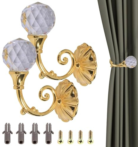 Gancho de Cortina de Bola de Cristal, 2 Piezas Ganchos de Metal, Ganchos Alzapaños de Cortina de Oro, Cortina Holdback Tieback Ganchos Alzapañ Accesorios Decorativos, 4x6.2cm / 1.57x2.44in