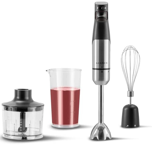 KLAMER Stabmixer Set 1000 Watt, 4 in 1 Pürierstab Edelstahl mit SmartSpeed per Finderdruck, inkl. 3-teiligem Zubehör-Set, Messbecher & Schneebesen