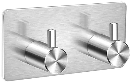 Double Silver Self Adhesive Hooks,Two Stainless Steel Sticky Wall Hooks, Heavy Duty No Nails Hook for Bathroom Accessories, Kitchen Towel Holder, Door Hanger, Coat Hooks,Stick On,Home Essentials