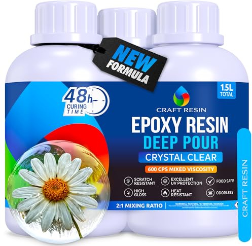 CRAFT RESIN 1.5L Epoxiharts För Djupgjutning – Tjockt Lager Upp Till 8 Cm I En Enda Gjutning – Transparent Epoxiharts, Livsmedelssäkert För Konst, Flodbord, Trä, Kakel, Ihåliga Gjutningar Och Formar