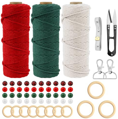 YAKLEE Weihnachten DIY Makramee Garn Set, 3 Rollen Natur Makramee Baumwollgarn 3mm x 50m mit Holzringe Holzperlen, Bunt Makramee Bastelset für Weihnachten Anhänger Wandbehang Deko(Weiß + Rot + Grün)