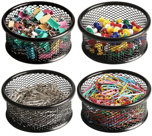 FUCDTEFC Paper Clip Holder, Paperclip Holders for Desk, Mesh Paper Clip Holder for Desk Binder Wire Mesh Bowls, Paper Clip Dispenser Organizer for Holding Small Parts Office Accessories Black 4 Pack