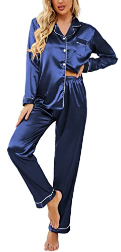 Ekouaer Pyjamas, dam, satinpyjamas, dam, långärmad pyjamas-set med knappslå nattkläder, V-ringad, tvådelat pyjamas-set
