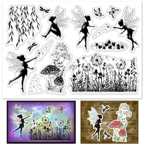 INFUNLY Fairy Clear Stamps for Card Making Flower Elves Silicone Stamps Plant Angel Rubber Stamp Wildflowers Butterfly Transparent Stamp for DIY Scrapbooking Photo Album Journal Crafting