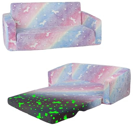 Einhorn 2 in 1 Kindersessel im Dunkeln Leuchtend Extra Große, Faltbarer Kinder-KinderSofa-Rückenlehen-Sessel mit Stofftasche, Weiche Flip Open Kindercouch für Schlafzimmer Wohnzimmer Spielzimmer