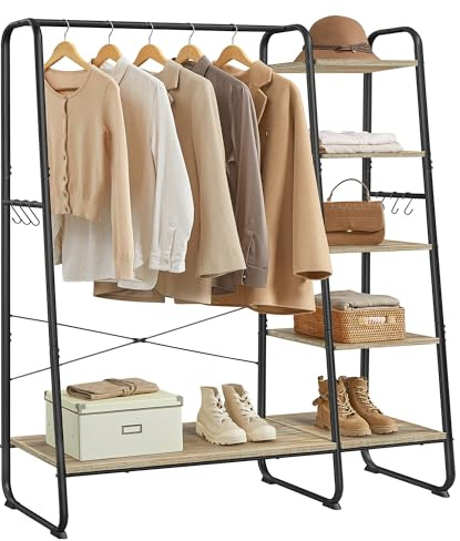 VASAGLE Porte-Manteau sur Pieds, Meuble Chaussure Entrée, Vestiaire, avec 5 Étagèress de Rangement, 6 Crochets, pour Chambre, Salon, Couloir, Style Industriel, Marron Turquoise et Noir Mat RGR116K01