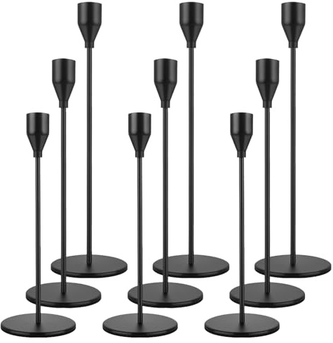 AHAQU Set of 9 Black Candle Holders, Metal Candlestick Holders for Taper Candle, Tall Candle Stand Fits 3/4 inch Thick Candle for Wedding, Candlelight Dinner, Fireplaces, Banquet Decoration