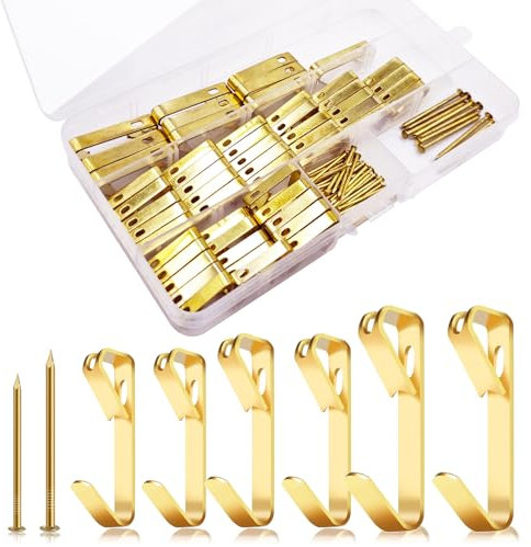 Kit de Colgado de Cuadros de Metal, 120 Piezas Duradero Oro 20lb/30lb/50lb Ganchos, Juegos de Ganchos para Colgar Fotos en Pared, Gancho para Pared Hogar Oficina