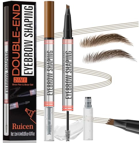 Eyebrow Pencil with Eyebrow Gel, Ruicen 2-in-1 Microblading Eyebrow Pen and Brow Gel with 4 Fork Tip, Real-Looking-Fill Define and Shape Brows, 24H Wear, Waterproof & Smudge-proof, Light Brown