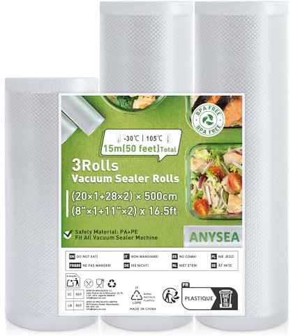 Anysea Sac Sous Vide Alimentaire 3 Rouleaux：20x1/28x2/x500 cm Rouleau Sous Vide Alimentaire sans BPA, Film sous vide alimentaire Gaufré pour la Cuisson Sous Vide et Machine Sous Vide Alimentaire