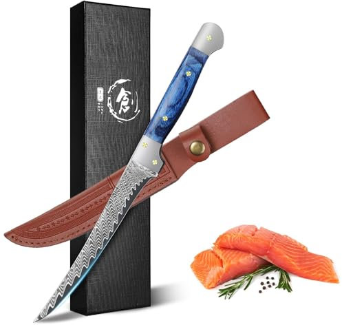 Golden Bird Filetiermesser 14,5 cm Ausbeinmesser aus Damaststahl mit VG10-Kern, professionelles Küchenmesser mit Full-Tang Holzgriff und Schutzscheide für Fleisch, Fisch und Outdoor