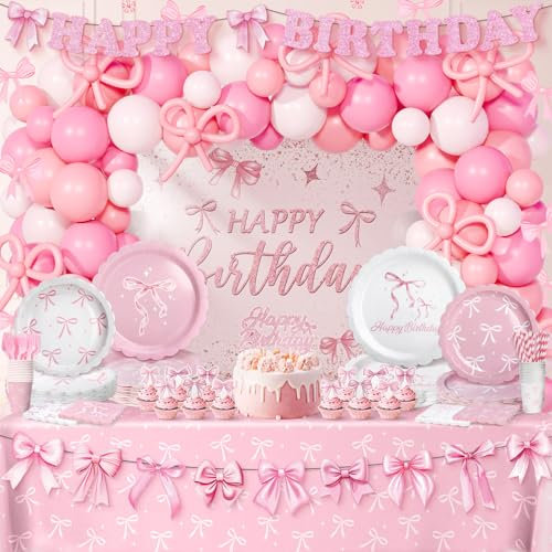 Pink Bow Birthday Decorations, Bow Party Decorations (Serve 24) Includes Plates Napkins Cups Tableware Sets, Pink and White Balloons Arch Kit, for Girls And Bachelorette Bow Party Supplies