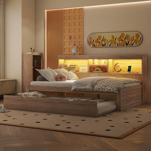 Gegtuon Letto Singolo Divano in Legno per Bambini 90x200 con Illuminazione LED e USB, Struttura Letti con Letto Estraibile e Ripiano per Ragazzi, Letti Casa con Rete a Doghe, senza Materasso, Naturale