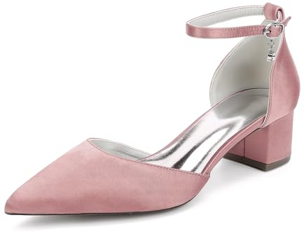 TNMIUH Zapatos de Boda cómodos de tacón bajo para Mujer con tacón de Bloque Punta Cerrada y Tira al Tobillo de satén para Novia Zapatos de Vestir de tacón bajo,Rosado,38 EU