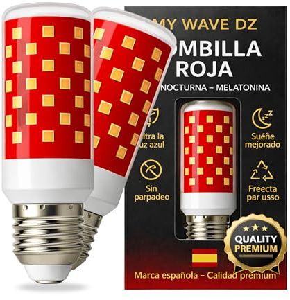 MY WAVE DZ Bombilla Luz Roja Nocturna Melatonina E27 E14 – Pack 2 Bombillas Rojas Sin Luz Azul ni Flicker – Luz Roja Bebé, Lactancia, Descanso y Sueño Profundo