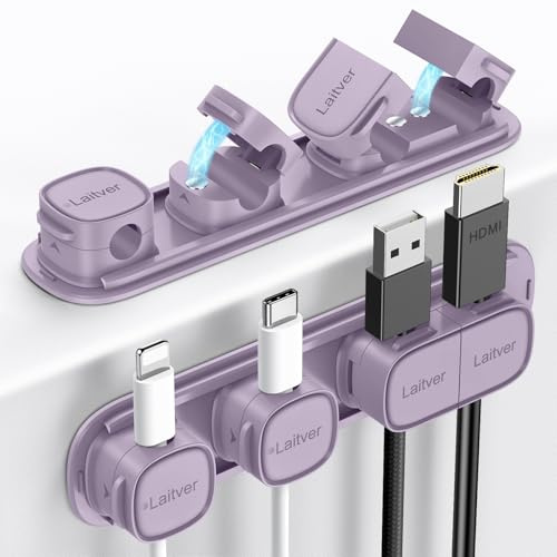 Cable Clips Holders - Laitver 6 Pack [Magnetic Buckle 1s Open/Lock] Cable Tidy Cord Organiser Management, No-Residue Strong Adhesive Desk Wire Charging Cords Keeper for Home, Office- Purple