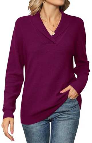 IECCP Ladies Jumpers V Neck Lightweight Long Sleeve Sweater Casual Solid Color Pullover Fuchsia L